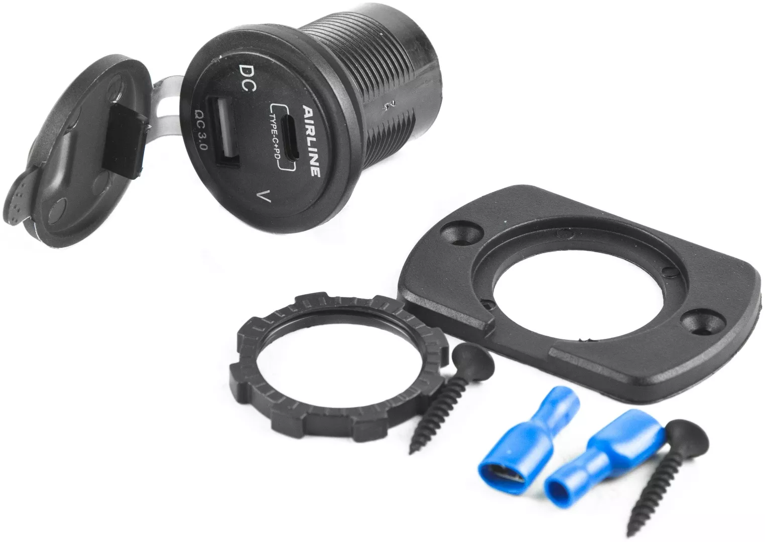Розетка USB встраиваемая влагозащ. с 2 портами и вольтметром (5В, QC3.0 + Type-c PD)